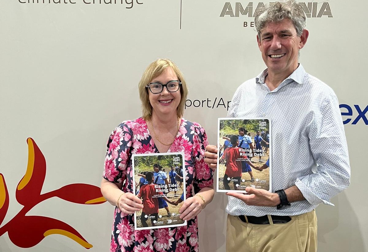 Kirsten Sayers CEO Of Caritas Australia And Alistair Dutton Secretary General Of Caritas Internationalis At The COP30 Launch Of Rising Tides Rising Debt Photo Credit Caritas Australia