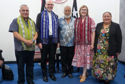 L R Fernando Pires Bishop Michael Kennedy Prime Minister Xanana Gusmão Kirsten Sayers And Elizabebth Exposto Prime Ministers Chief Of Staff Photo Credit Caritas Timor Leste