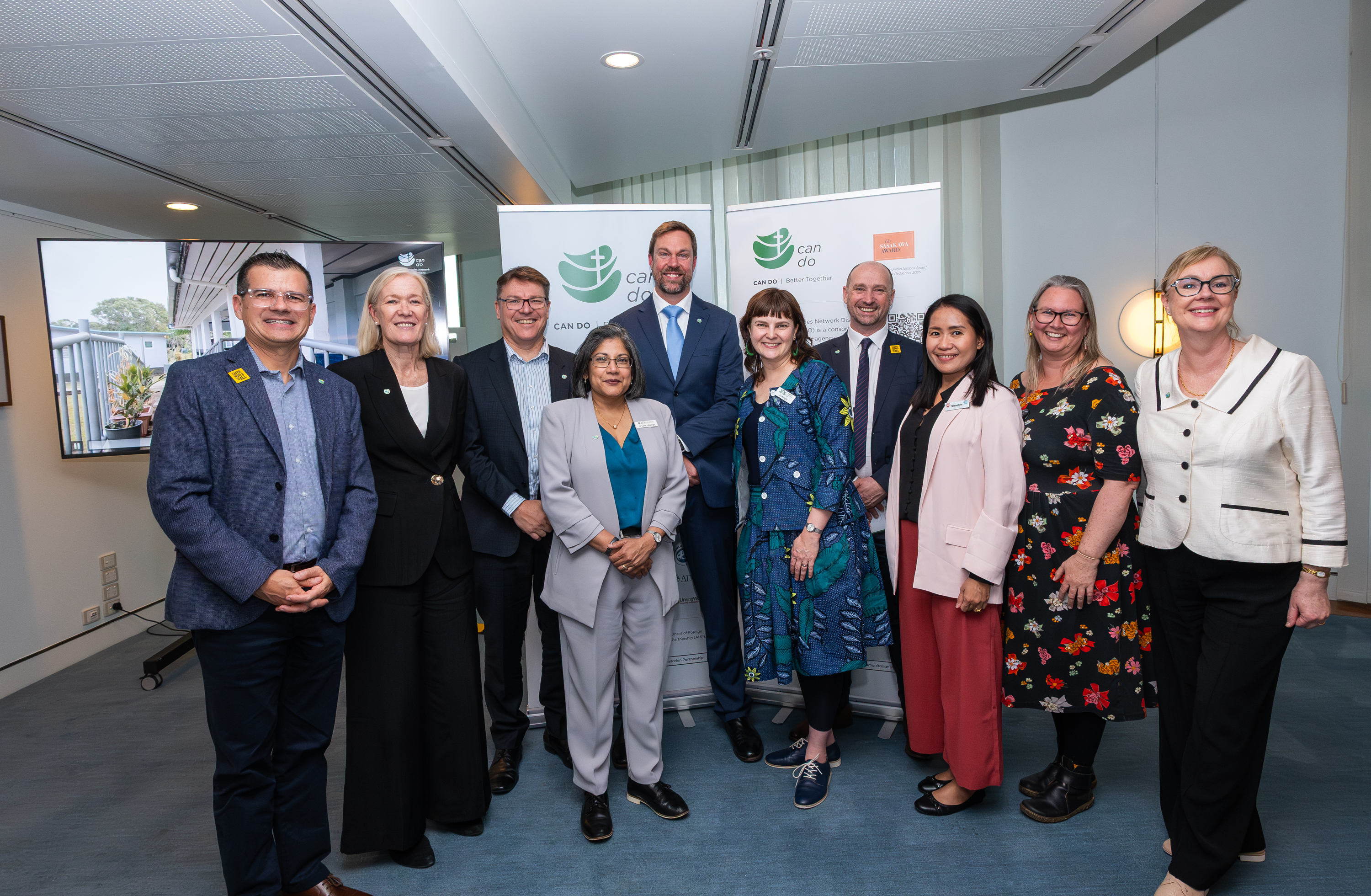 L R Denison Grellmann, Melissa Lipsett, Michael Stolz, Sureka Goringe, Chey Mattner, Jo Knight, John Lamerton, Simolyn Delgado, Aletia Dundas And Kirsten Sayers At The 10 Year Anniversary Reception Photo Caritas Australia