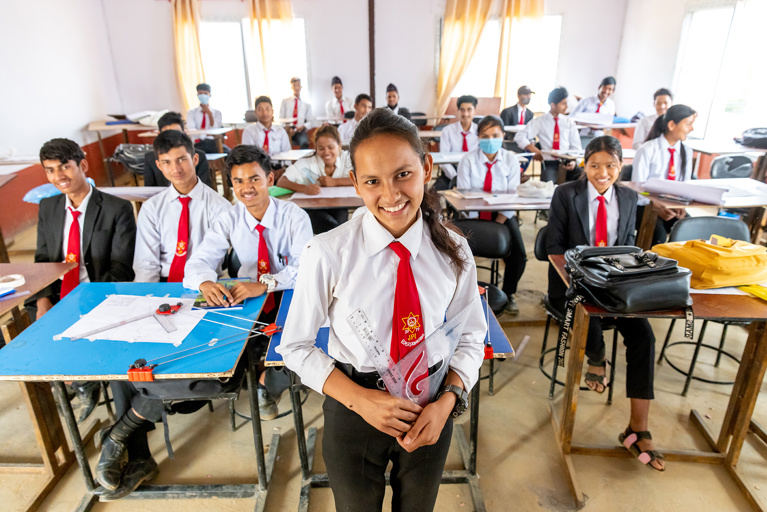 Laxmi in class at her technical school studying civil engineering. Photo: Richard Wainwright/Caritas Australia