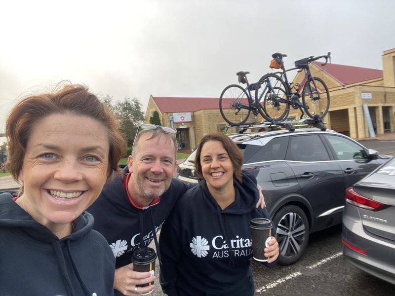 Kirsty Robertson, Richard Landels and Alicia Benardos (L-R) on the first day of the Cycle to End Poverty bike trip.