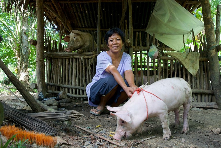 Dinia Verzo from the Philippines with one of her pigs called Bing Bing at home. Dinia received Bing, the mother pig (behind), as part of a hog dispersal program to provide an alternative income source for her family. Dinia bred 8 piglets for dispersal to her neighbours in the program and now owns her own pigs for sale and consumption. Photo credit: Richard Wainwright/Caritas Australia.