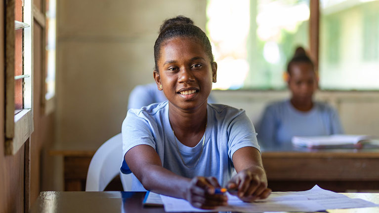 Shaniella is seen in a classroom at her Rural Training Centre near the capital Honiara, Solomon Islands. Photo: Neil Nuia/Caritas Australia
