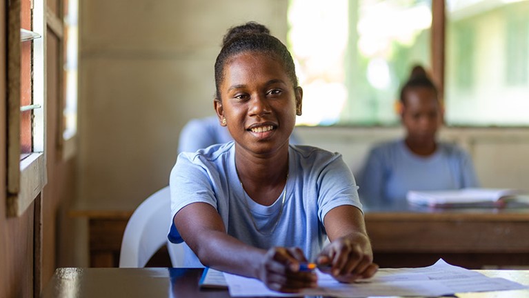 Shaniella is seen in a classroom at her Rural Training Centre near the capital Honiara, Solomon Islands. Photo: Neil Nuia/Caritas Australia
