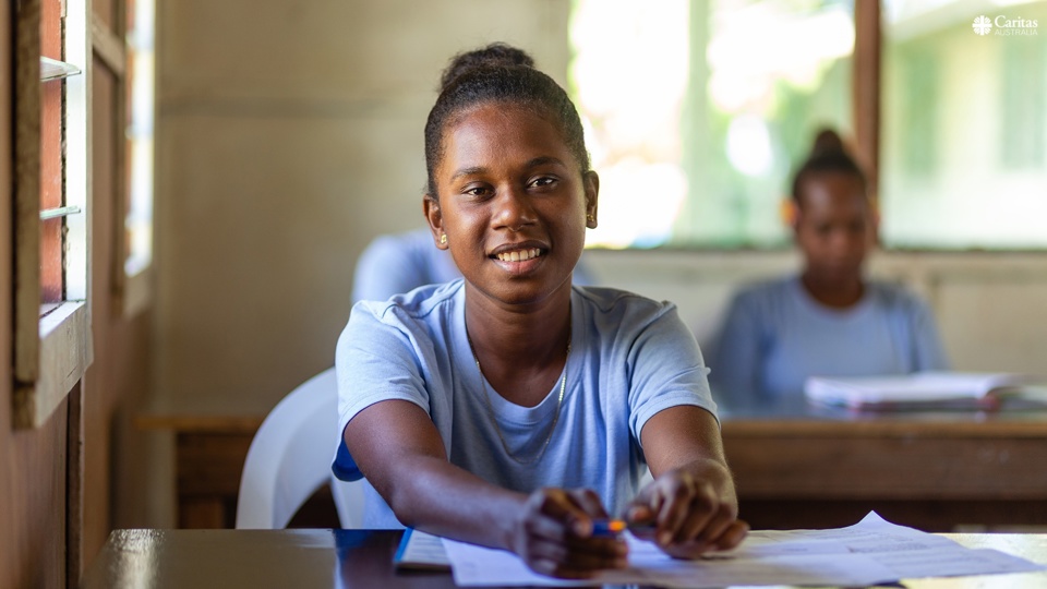 Shaniella studying at a rural training centre in the Solomon Islands