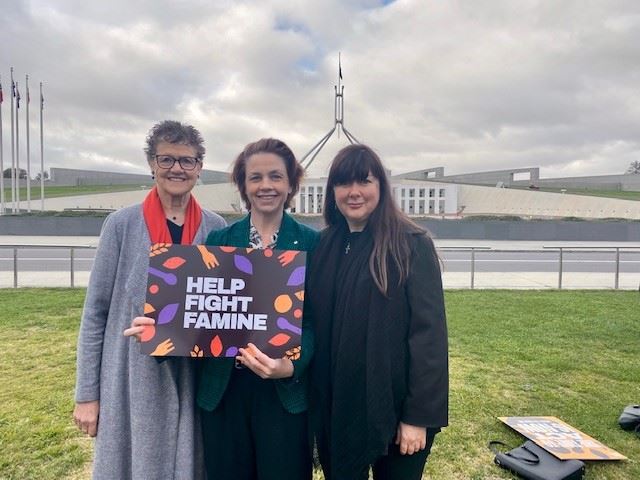 Kirsty Robertson, Caritas Australia CEO at Parliament House with Kerry Stone (L) and Tracey Tessitore (R) as part of Micah Women's network delegation. Photo Caritas Australia