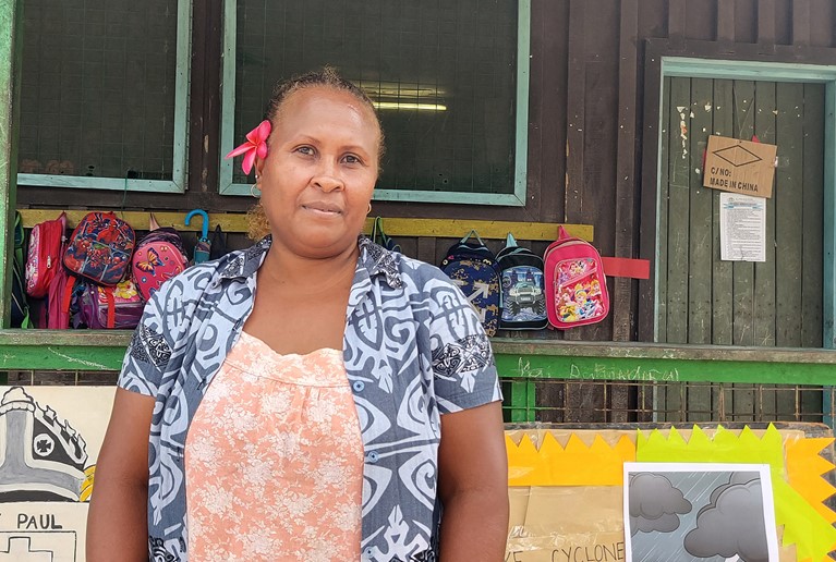 Margaret is a teacher in the Solomon Islands who is using nursery rhymes to help her students prepare for future disasters. Photo: Caritas Australia Solomon Islands