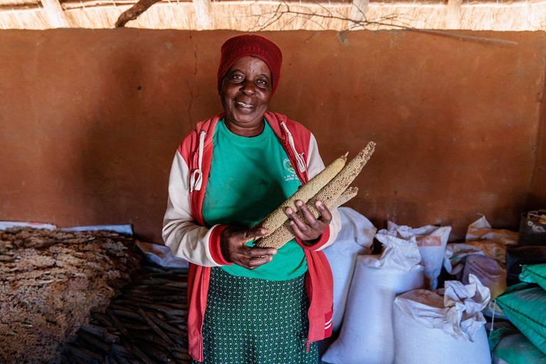 Priscilla holds millet from this year’s harvest in her storeroom at her home in Hwange district, north western Zimbabwe. Photo: Richard Wainwright/Caritas Australia